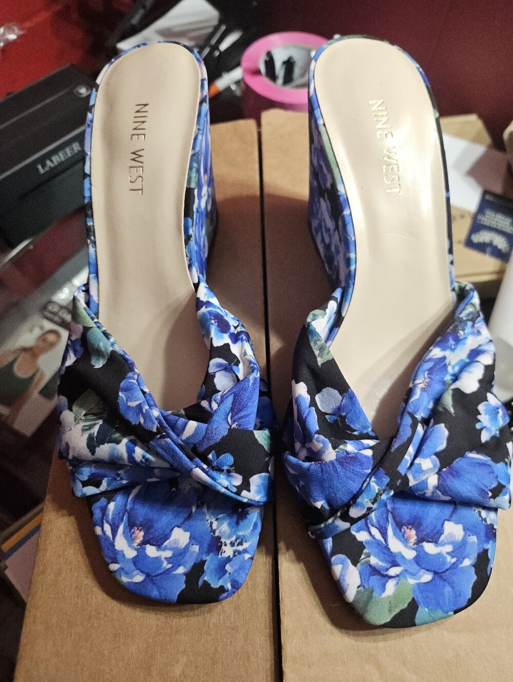 New Nine West Blue Floral Knot-Front Slip-On Mules - Picture 1 of 4